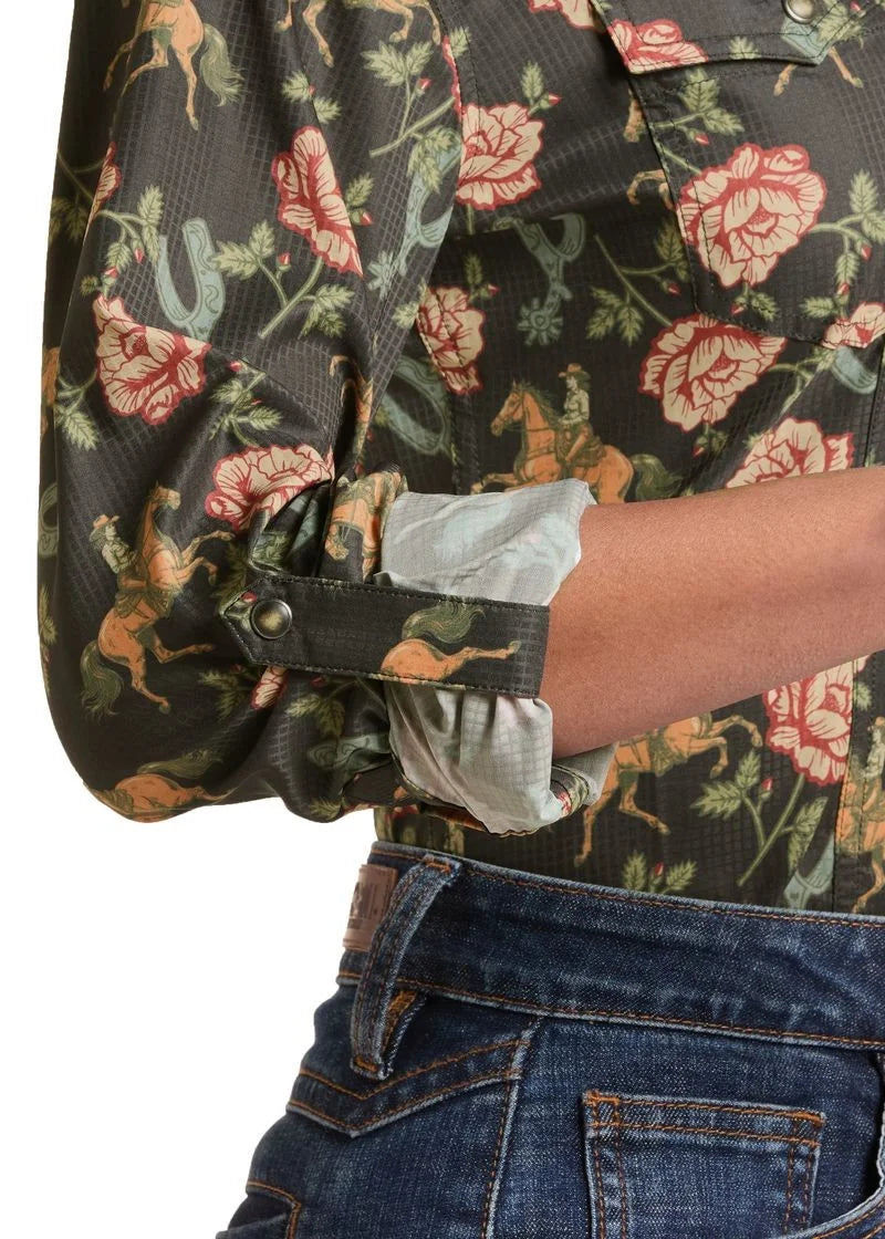 Women's Tek Western Floral Pearl Snap Rock & Roll Denim