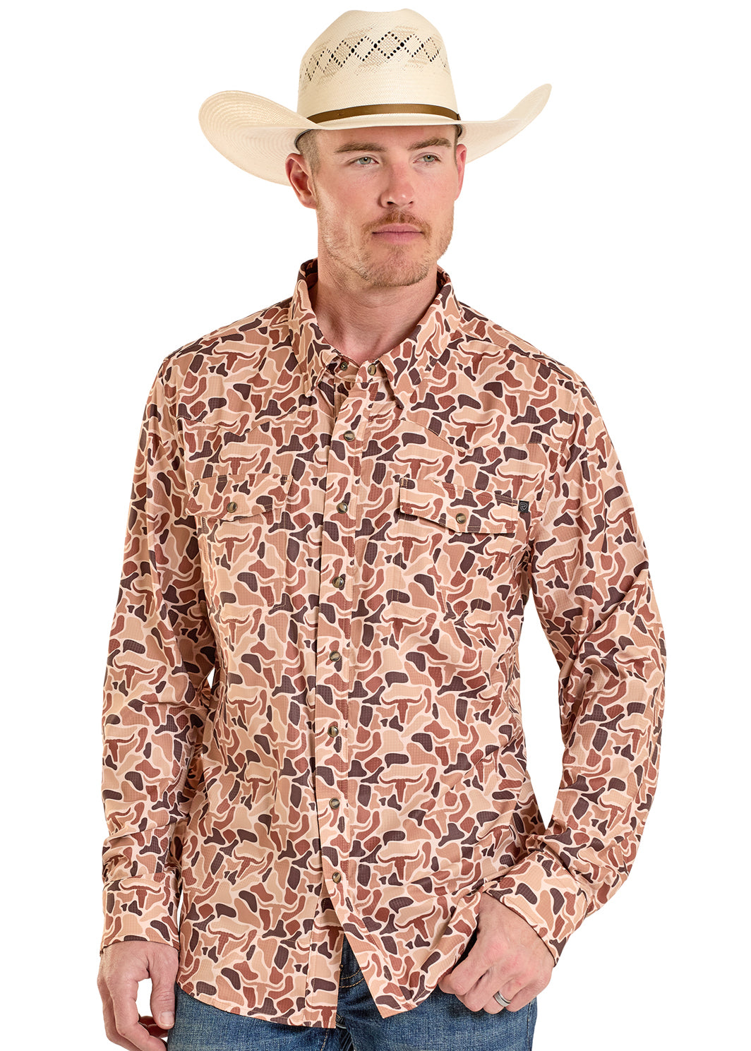 Pearl Snap Men's Longhorn Skull Camo Rock & Roll Denim