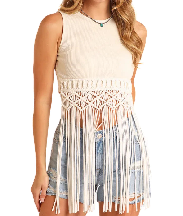 Women's Macrame Fringe Top Rock & Roll Denim