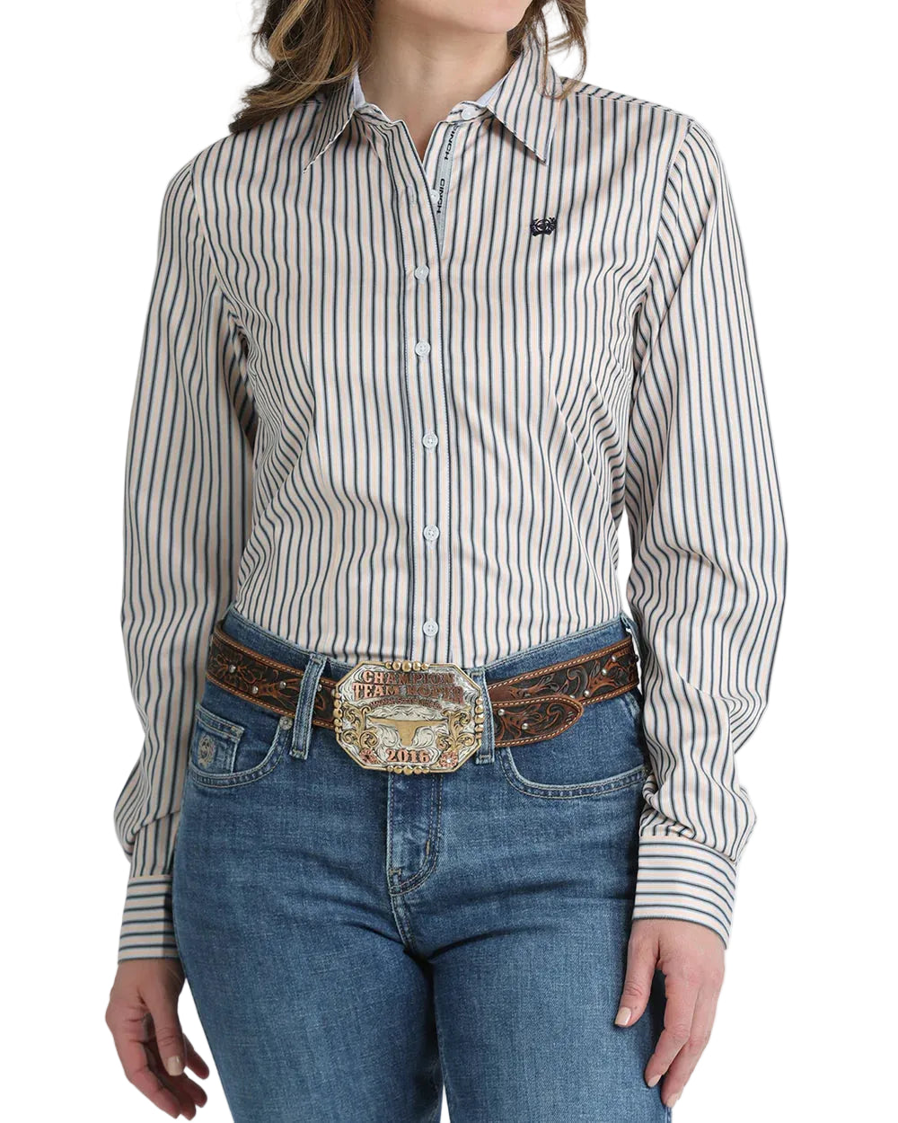 Women's Tencel Striped Button Down Cinch