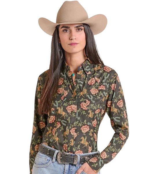 Women's Tek Western Floral Pearl Snap Rock & Roll Denim