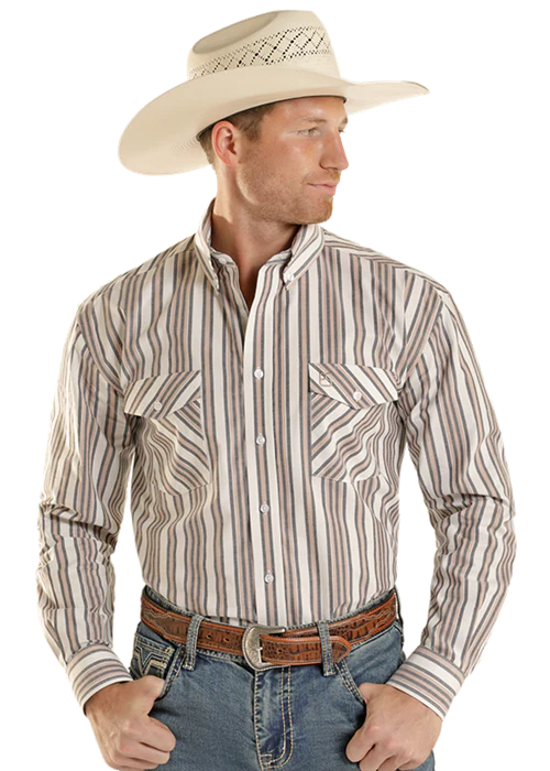 Men's Tan Striped Button Down Panhandle Slim