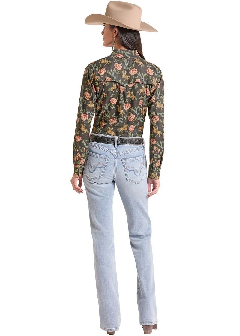 Women's Tek Western Floral Pearl Snap Rock & Roll Denim