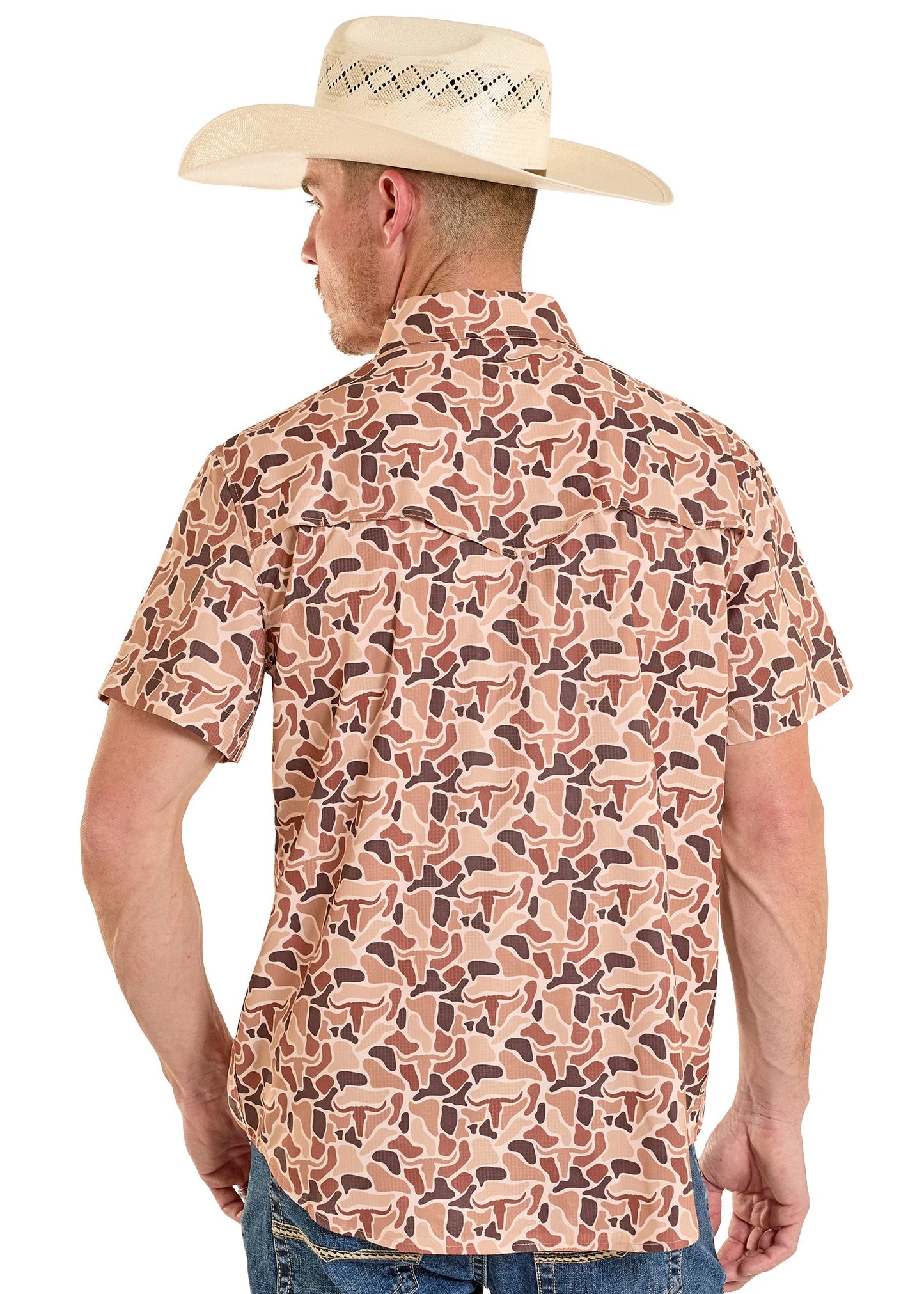 Pearl Snap Men's Longhorn Skull Camo Rock & Roll Denim