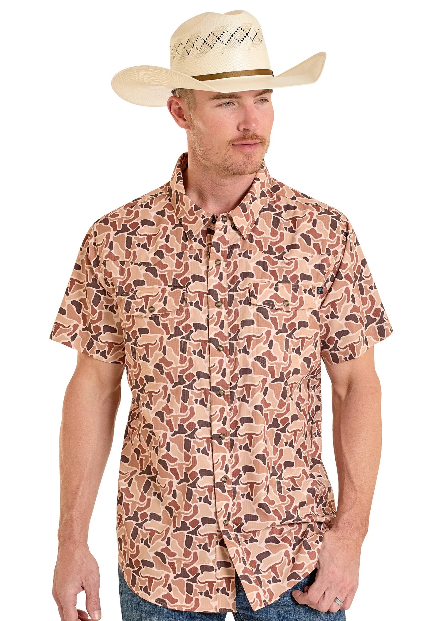 Pearl Snap Men's Longhorn Skull Camo Rock & Roll Denim