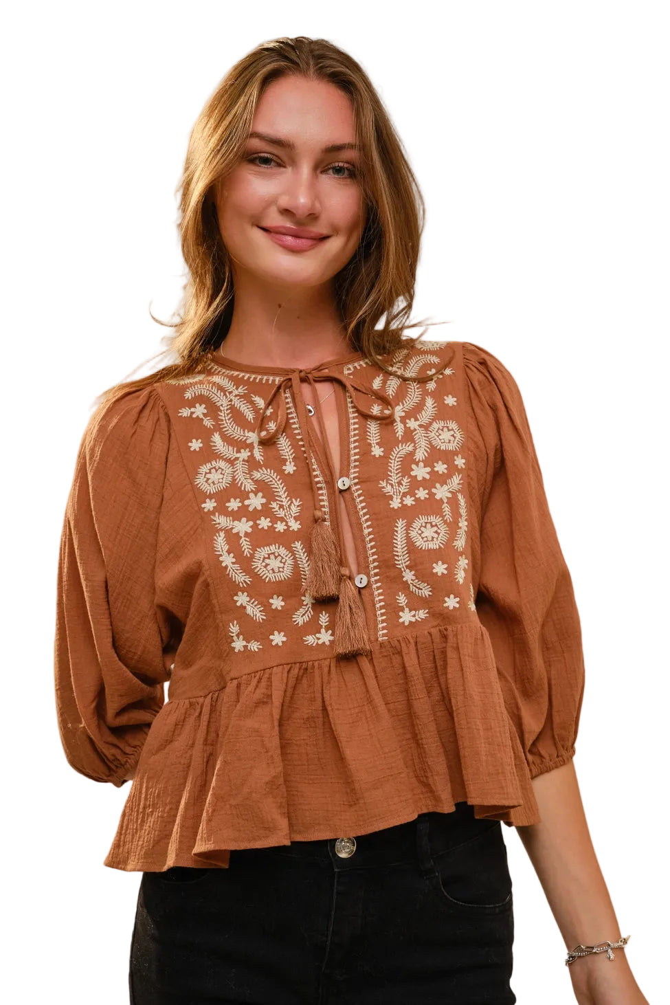 Women's Embroidered 3/4 Puff Sleeve Top