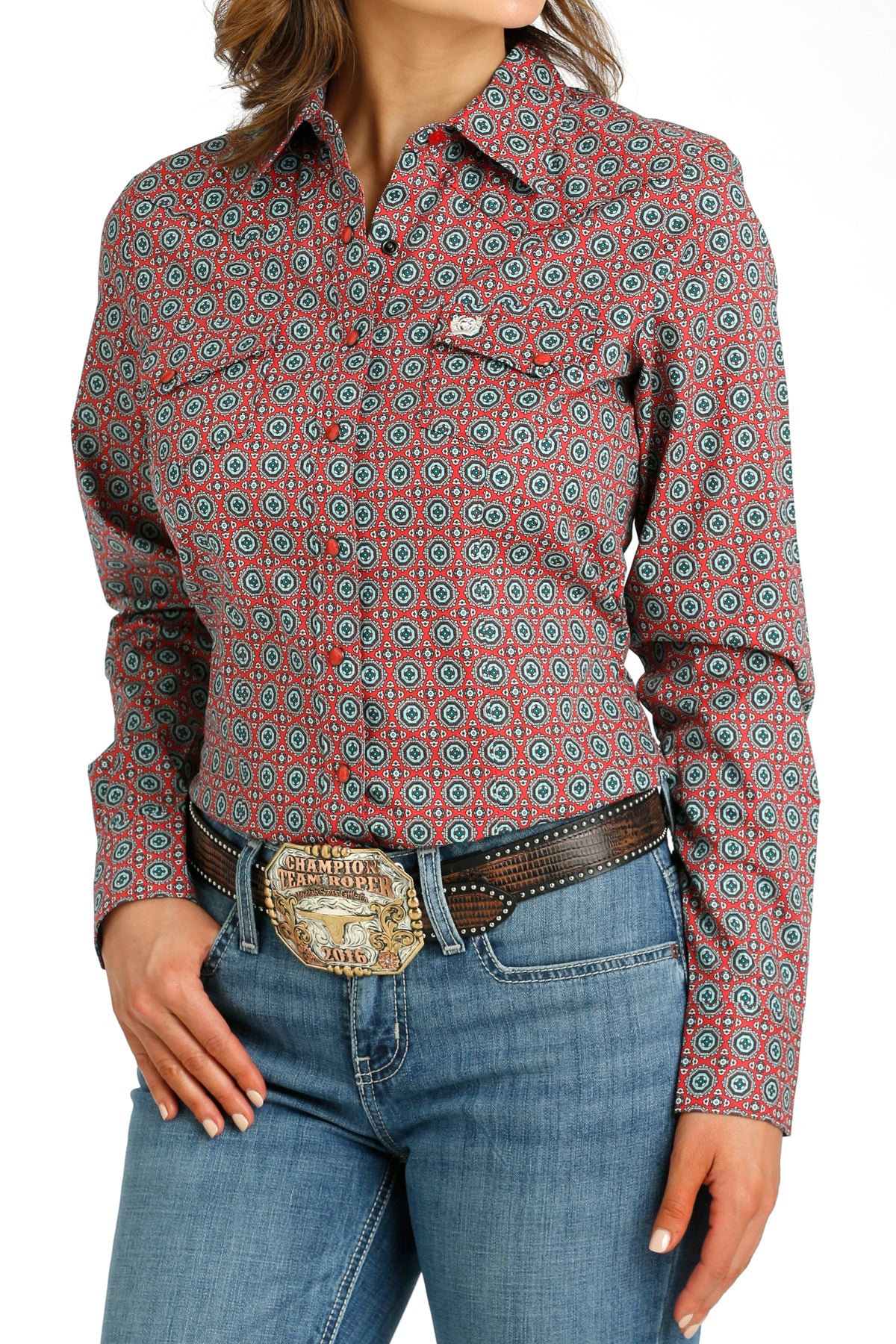 Pearl Snap Women's Red Medallion Cinch