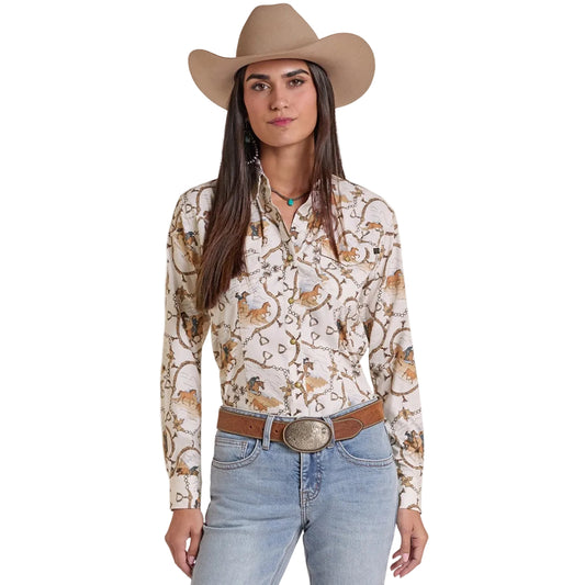 Women's Tek Western Horse Print Pearl Snap Rock & Roll Denim